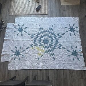 Vintage Lone Star Hand Quilted Patchwork Blanket White Blue Yellow 60x85